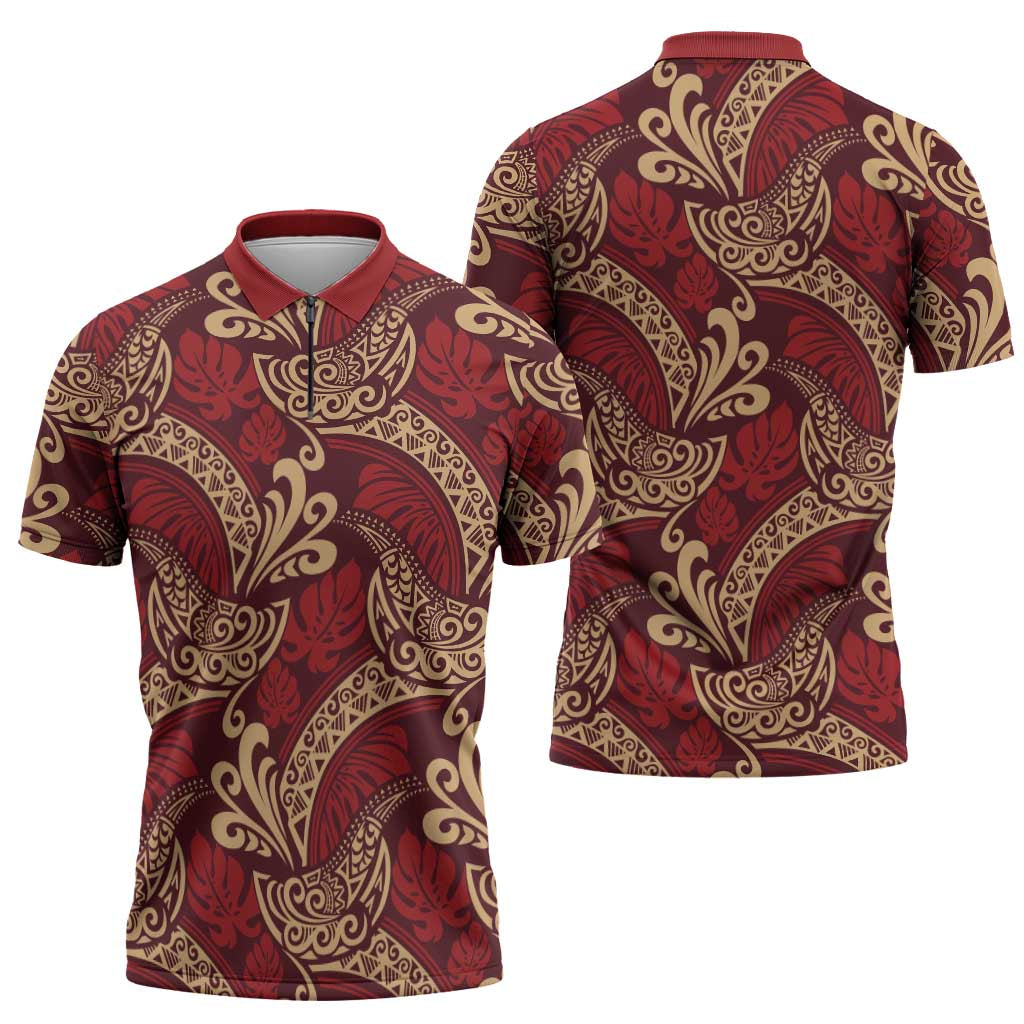 Luxury Red Monstera Zipper Polo Shirt Polynesian Tribal Pattern LT01 - Polynesian Pride