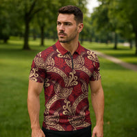 Luxury Red Monstera Zipper Polo Shirt Polynesian Tribal Pattern LT01 - Polynesian Pride