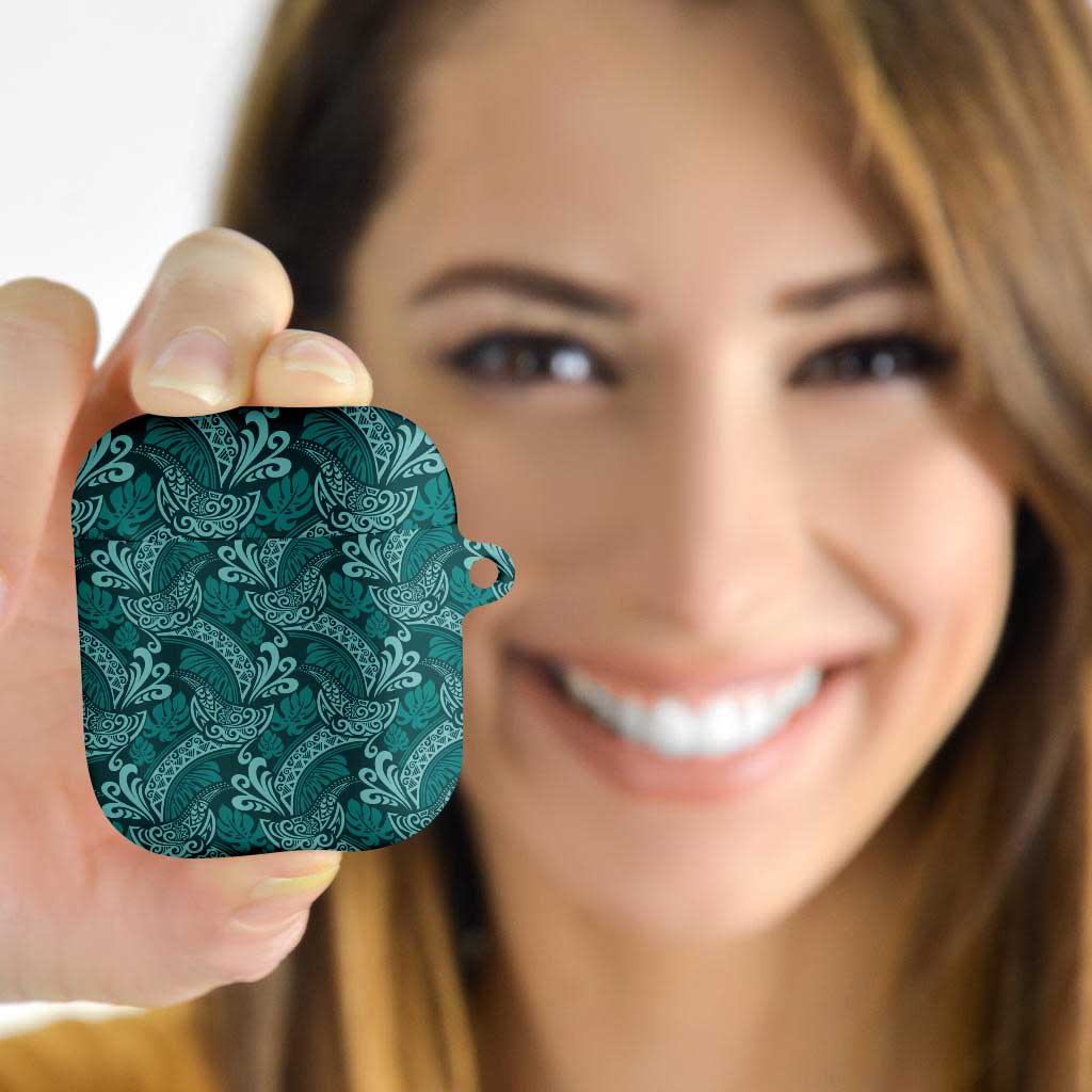 Teal Monstera AirPods Case Polynesian Tribal Pattern - Polynesian Pride