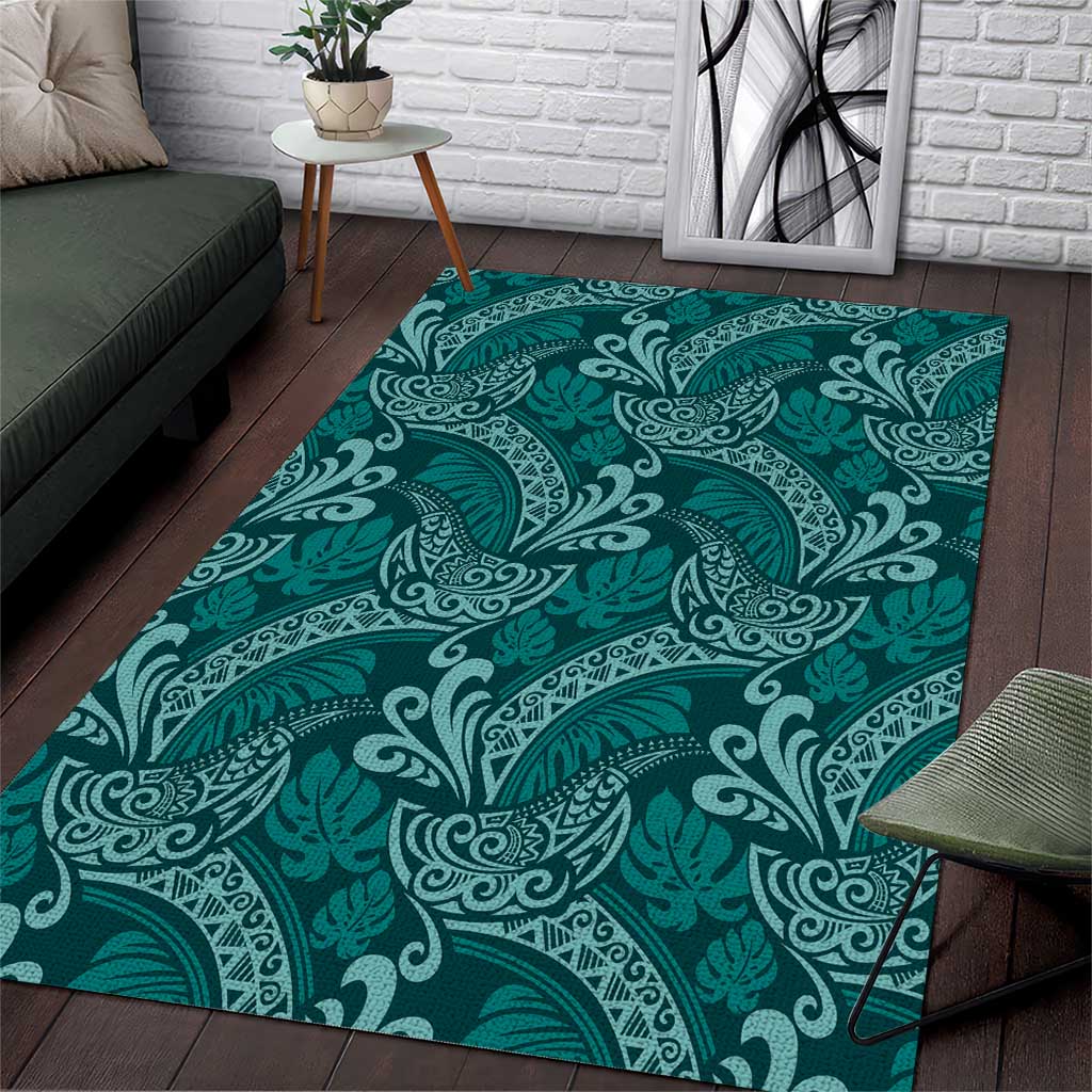 Teal Monstera Area Rug Polynesian Tribal Pattern - Polynesian Pride