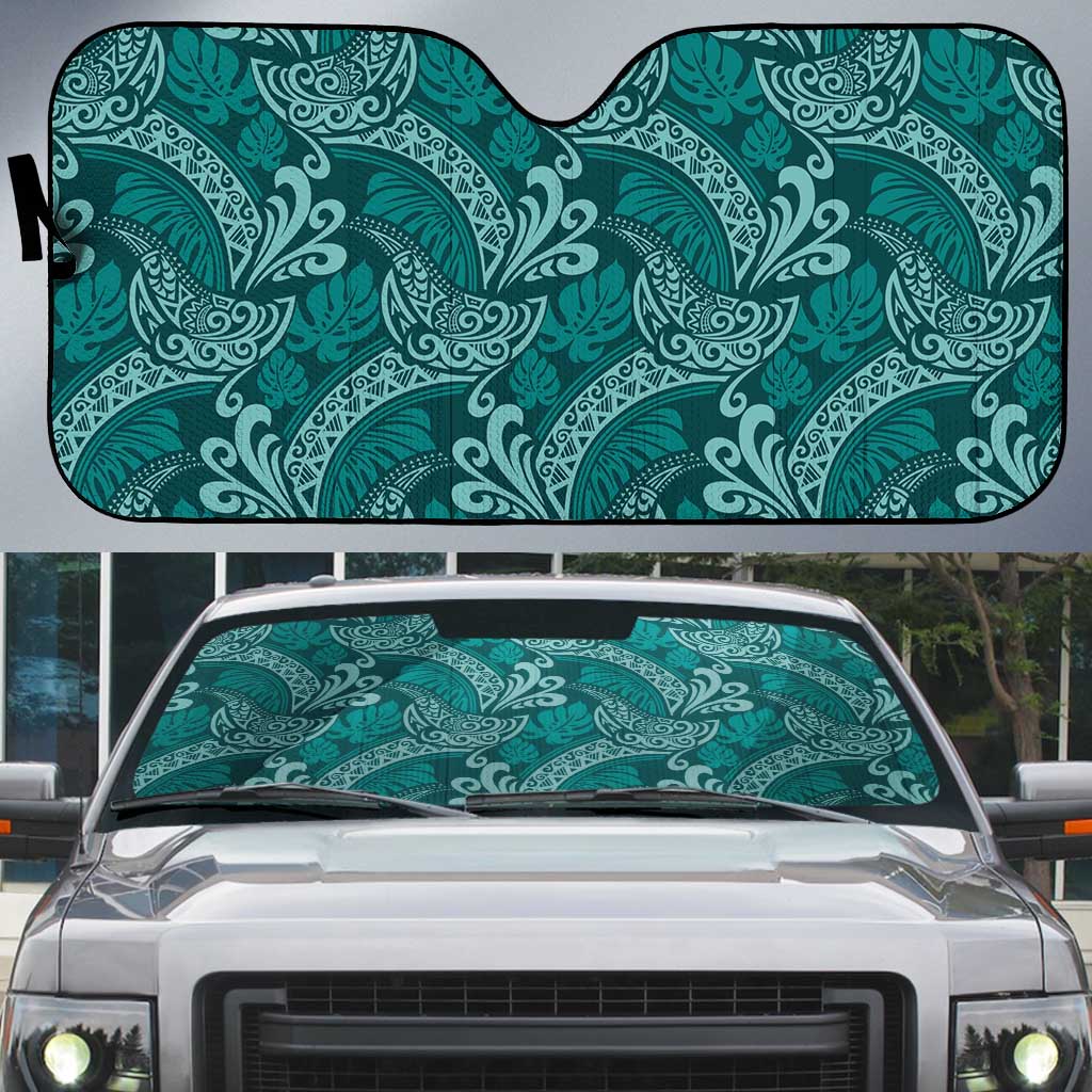 Teal Monstera Auto Sun Shade Polynesian Tribal Pattern - Polynesian Pride