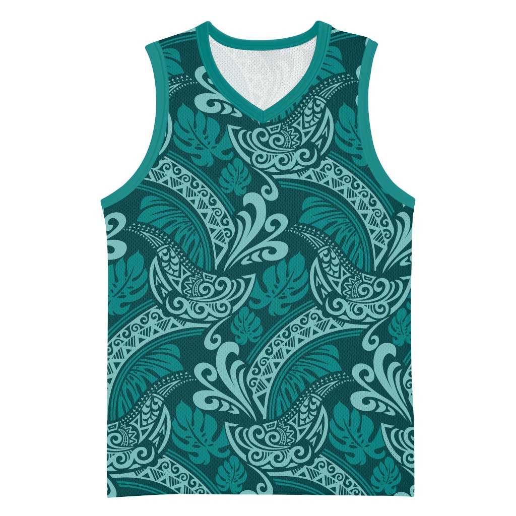 Teal Monstera Basketball Jersey Polynesian Tribal Pattern LT01 Unisex Teal - Polynesian Pride