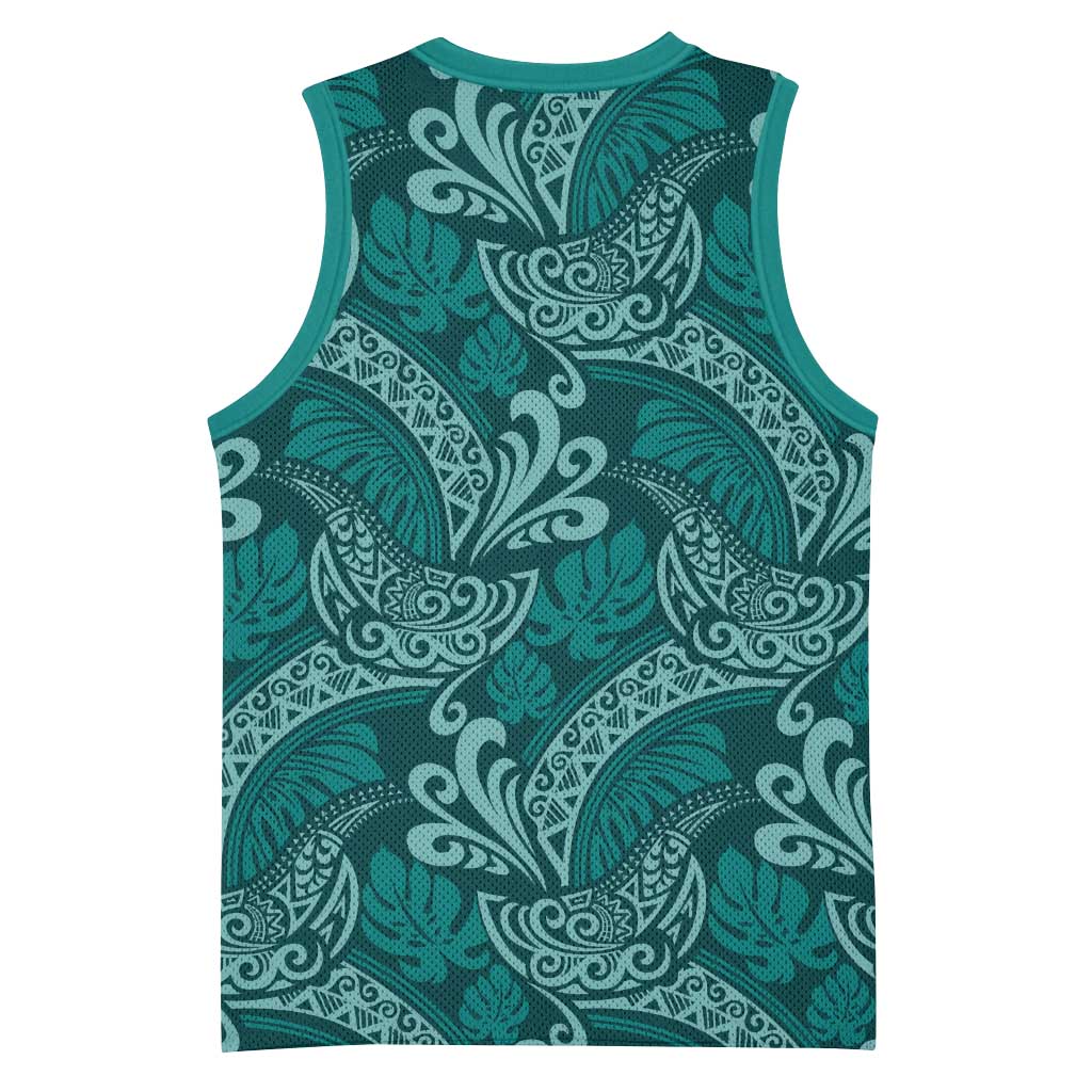 Teal Monstera Basketball Jersey Polynesian Tribal Pattern LT01 - Polynesian Pride