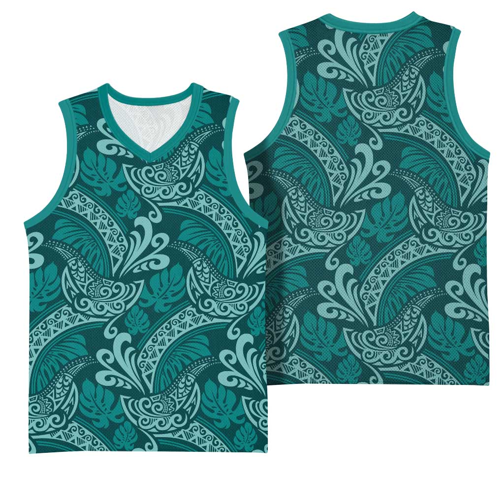 Teal Monstera Basketball Jersey Polynesian Tribal Pattern LT01 - Polynesian Pride