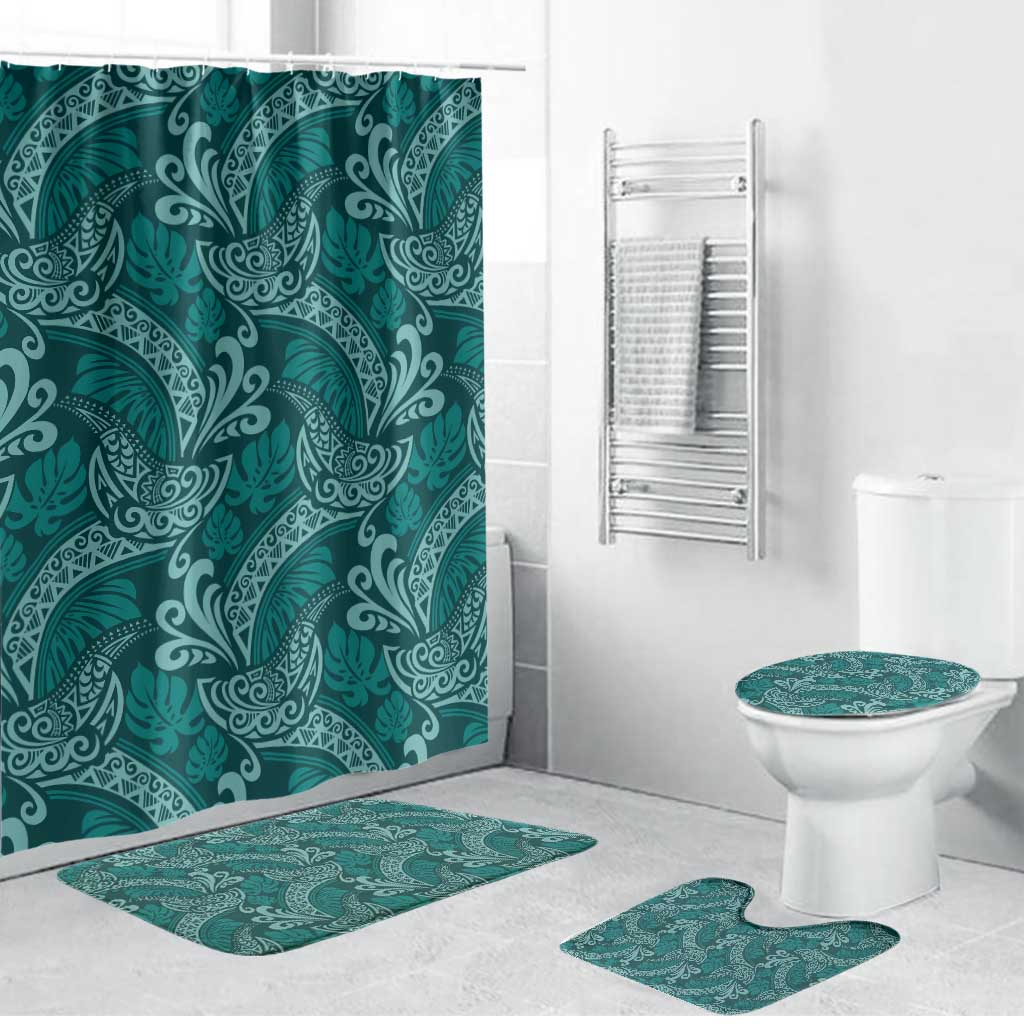 Teal Monstera Bathroom Set Polynesian Tribal Pattern - Polynesian Pride