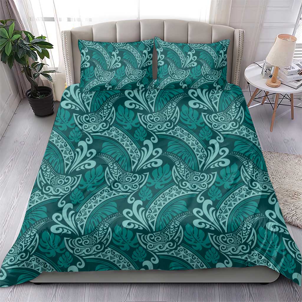 Teal Monstera Bedding Set Polynesian Tribal Pattern - Polynesian Pride