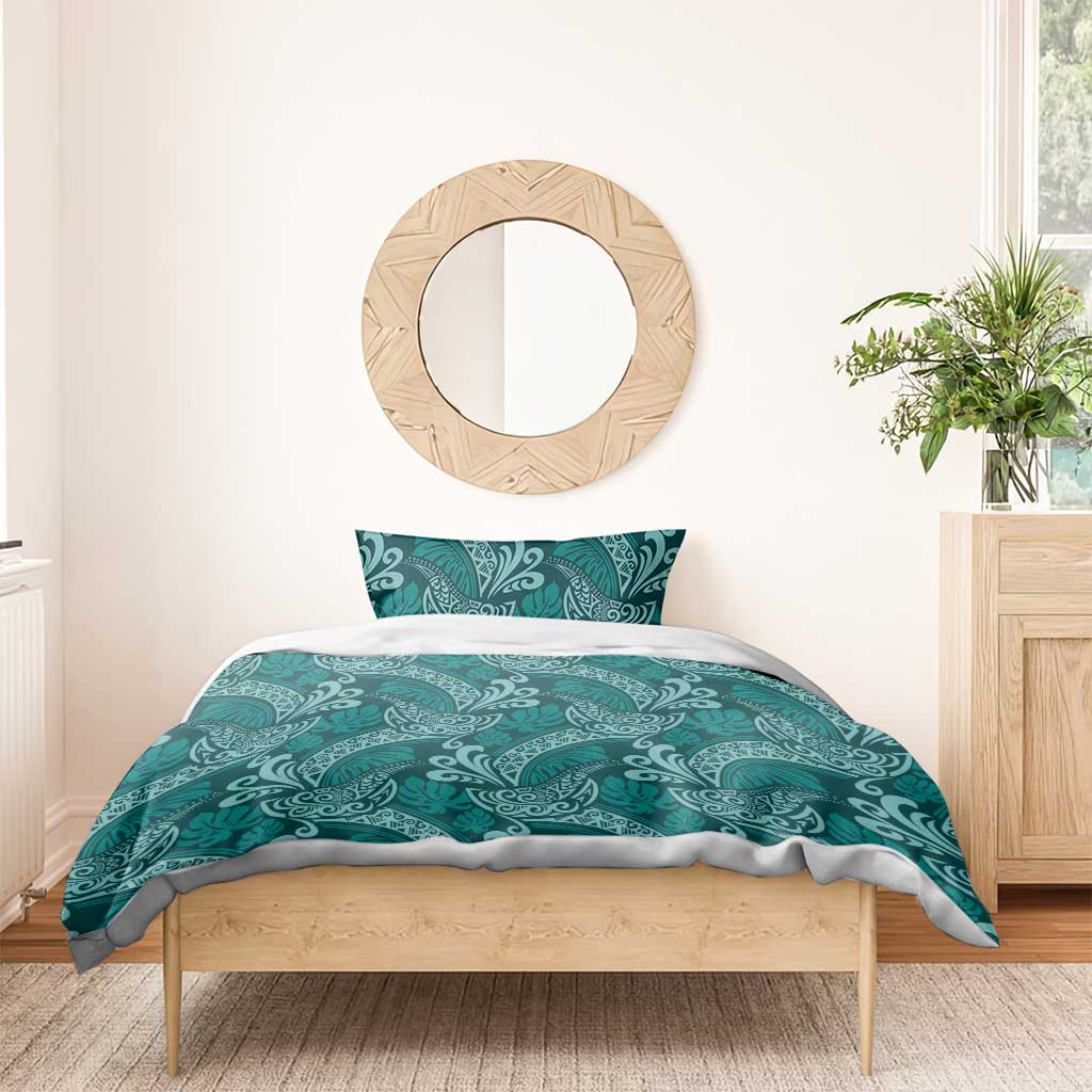 Teal Monstera Bedding Set Polynesian Tribal Pattern - Polynesian Pride