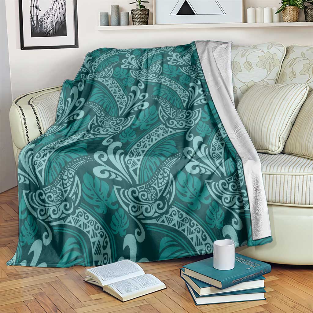 Teal Monstera Blanket Polynesian Tribal Pattern - Polynesian Pride