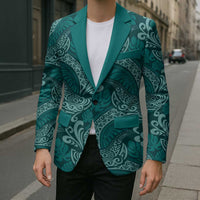 Teal Monstera Blazer Polynesian Tribal Pattern - Polynesian Pride