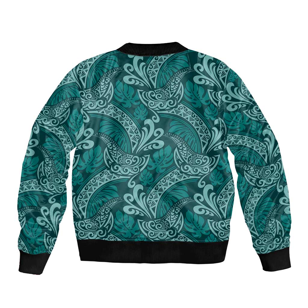 Teal Monstera Bomber Jacket Polynesian Tribal Pattern - Polynesian Pride