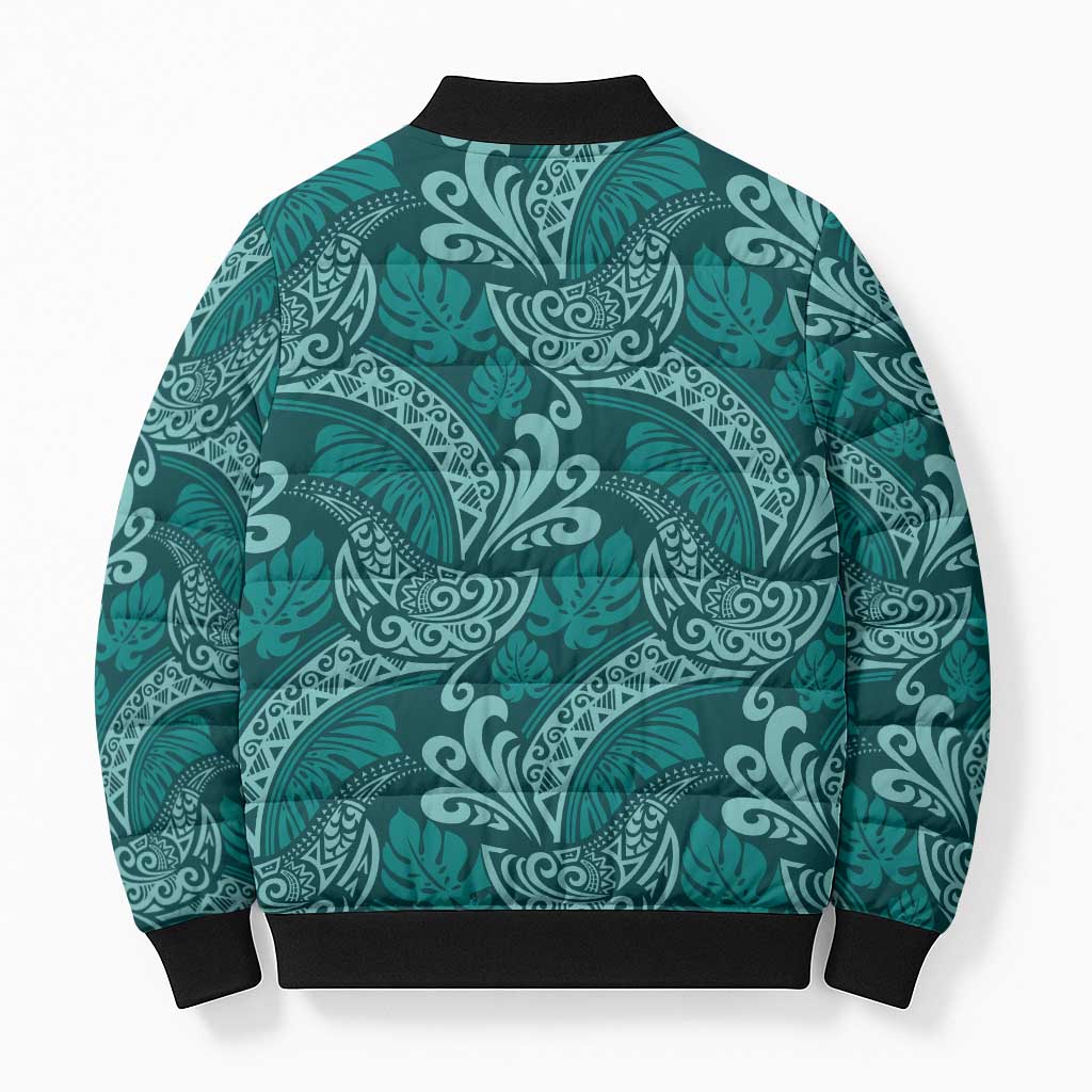 Teal Monstera Bomber Puffer Jacket Polynesian Tribal Pattern LT01 - Polynesian Pride