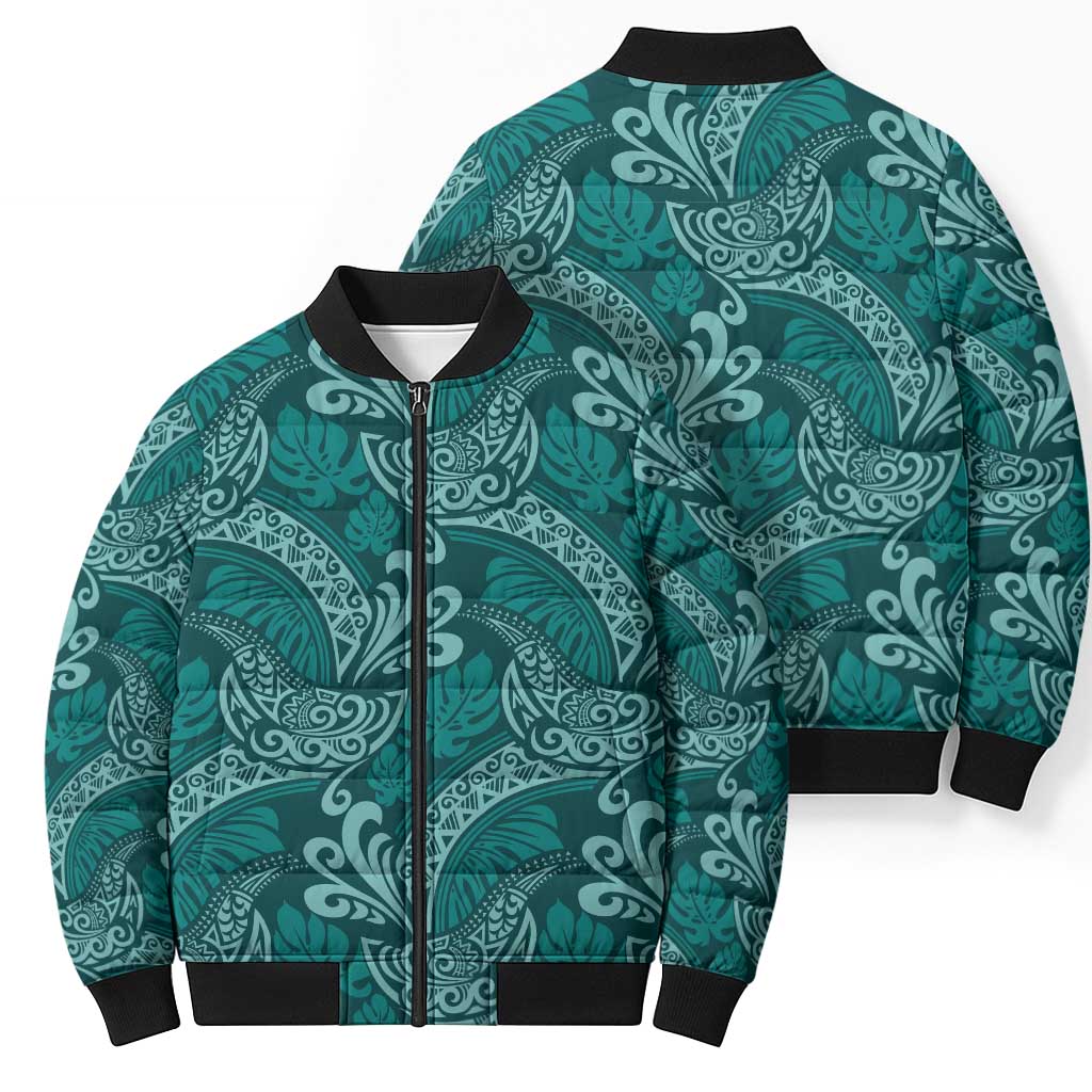 Teal Monstera Bomber Puffer Jacket Polynesian Tribal Pattern LT01 - Polynesian Pride