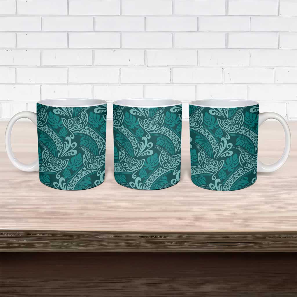 Teal Monstera Ceramic Mug Polynesian Tribal Pattern - Polynesian Pride