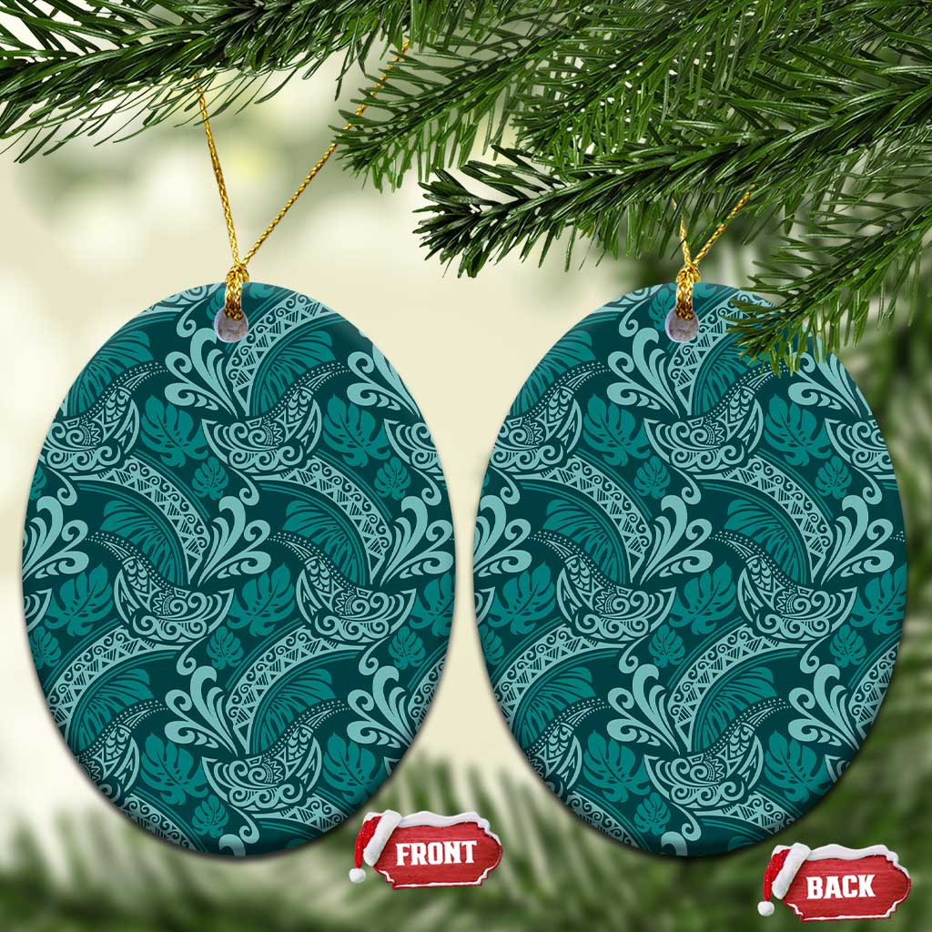 Teal Monstera Ceramic Ornament Polynesian Tribal Pattern LT01 Oval Teal - Polynesian Pride