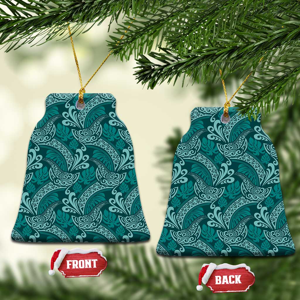 Teal Monstera Ceramic Ornament Polynesian Tribal Pattern LT01 Bell Flake Teal - Polynesian Pride