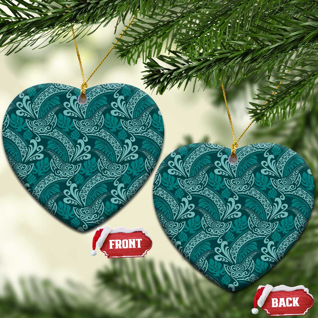 Teal Monstera Ceramic Ornament Polynesian Tribal Pattern LT01 Heart Teal - Polynesian Pride