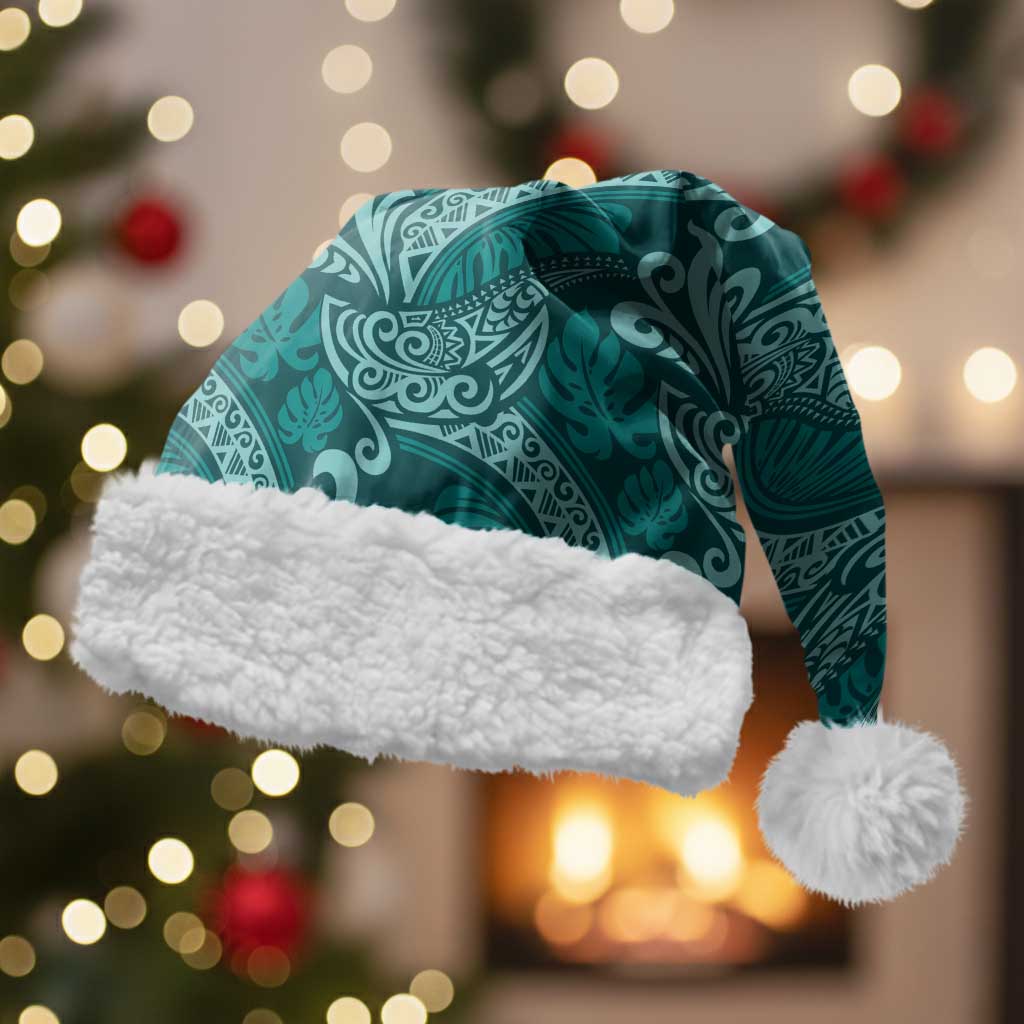 Teal Monstera Christmas Santa Hat Polynesian Tribal Pattern LT01 With Fur Teal - Polynesian Pride