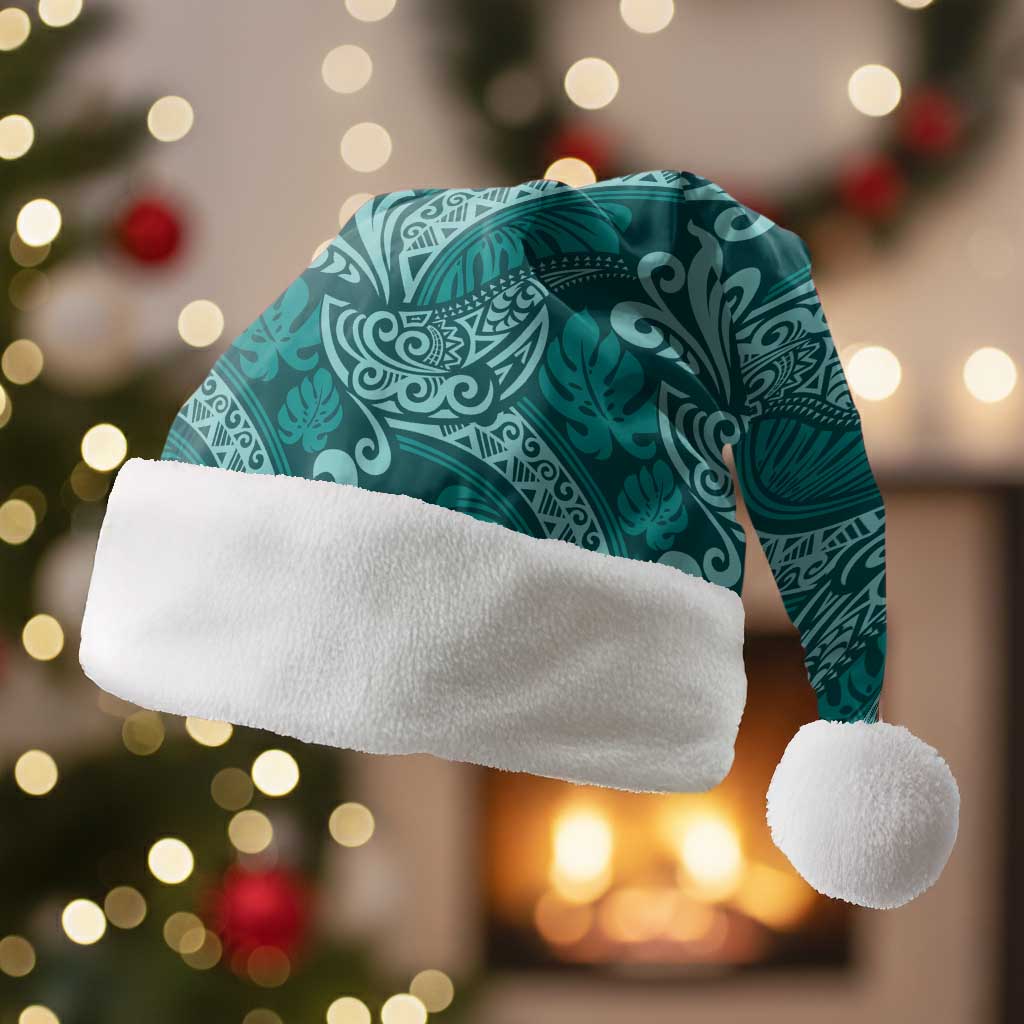 Teal Monstera Christmas Santa Hat Polynesian Tribal Pattern LT01 Without Fur Teal - Polynesian Pride