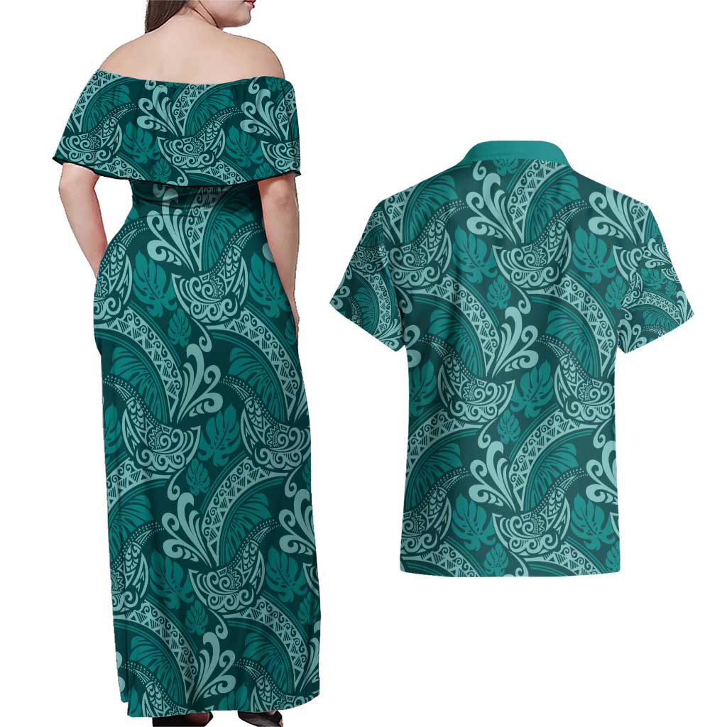 Teal Monstera Couples Matching Off Shoulder Maxi Dress and Hawaiian Shirt Polynesian Tribal Pattern - Polynesian Pride