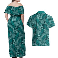 Teal Monstera Couples Matching Off Shoulder Maxi Dress and Hawaiian Shirt Polynesian Tribal Pattern - Polynesian Pride