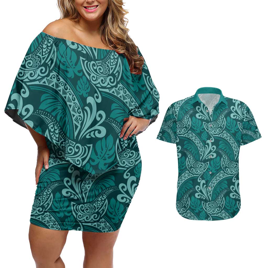 Teal Monstera Couples Matching Off Shoulder Short Dress and Hawaiian Shirt Polynesian Tribal Pattern - Polynesian Pride