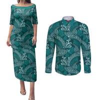 Teal Monstera Couples Matching Puletasi and Long Sleeve Button Shirt Polynesian Tribal Pattern LT01 Teal - Polynesian Pride