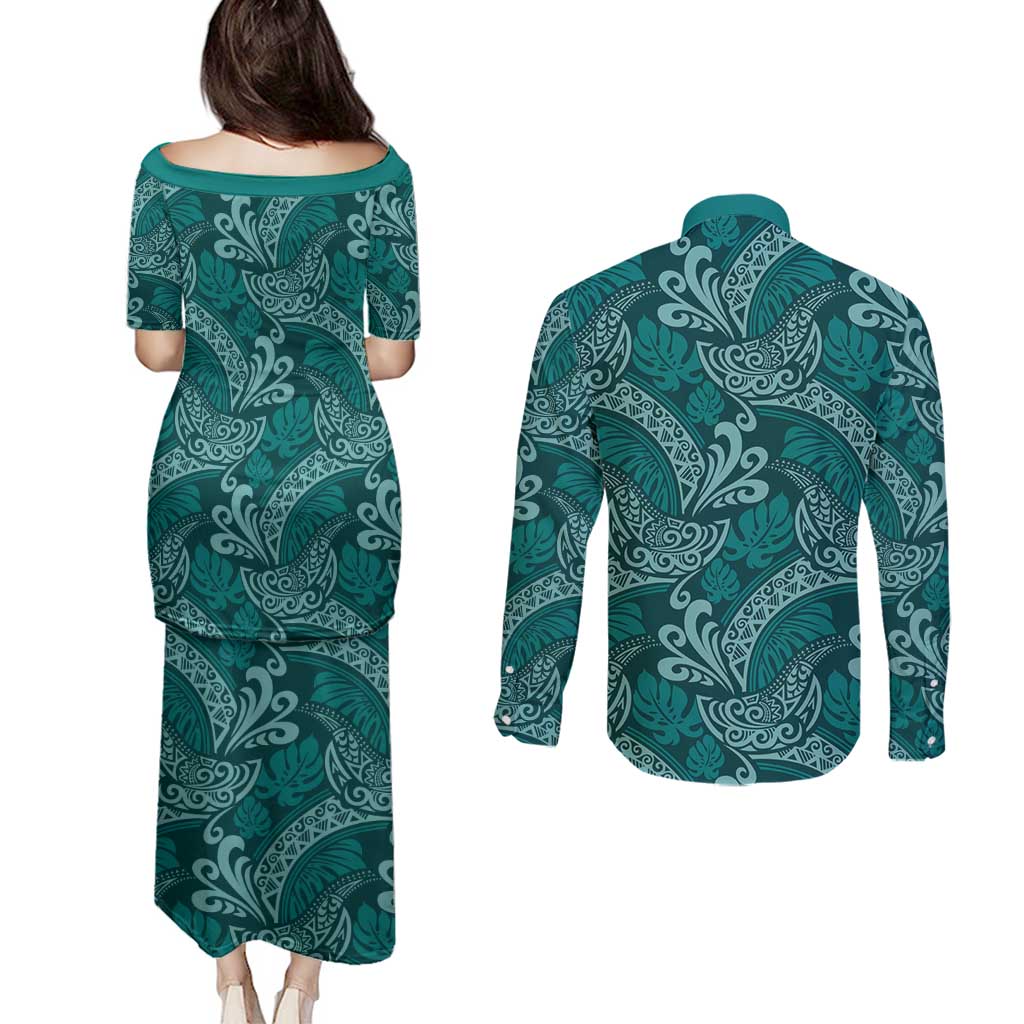 Teal Monstera Couples Matching Puletasi and Long Sleeve Button Shirt Polynesian Tribal Pattern LT01 - Polynesian Pride