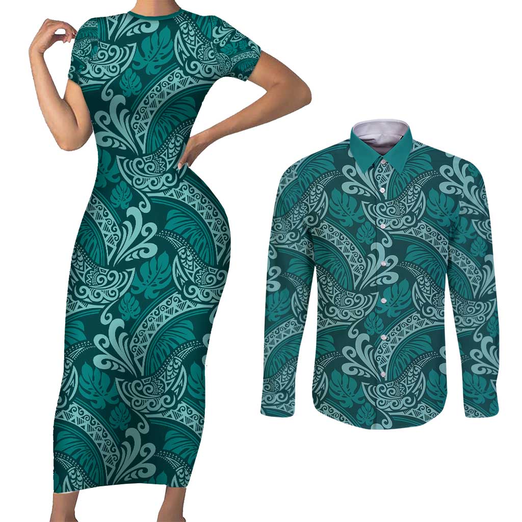 Teal Monstera Couples Matching Short Sleeve Bodycon Dress and Long Sleeve Button Shirt Polynesian Tribal Pattern - Polynesian Pride