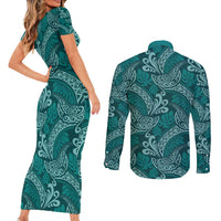 Teal Monstera Couples Matching Short Sleeve Bodycon Dress and Long Sleeve Button Shirt Polynesian Tribal Pattern - Polynesian Pride