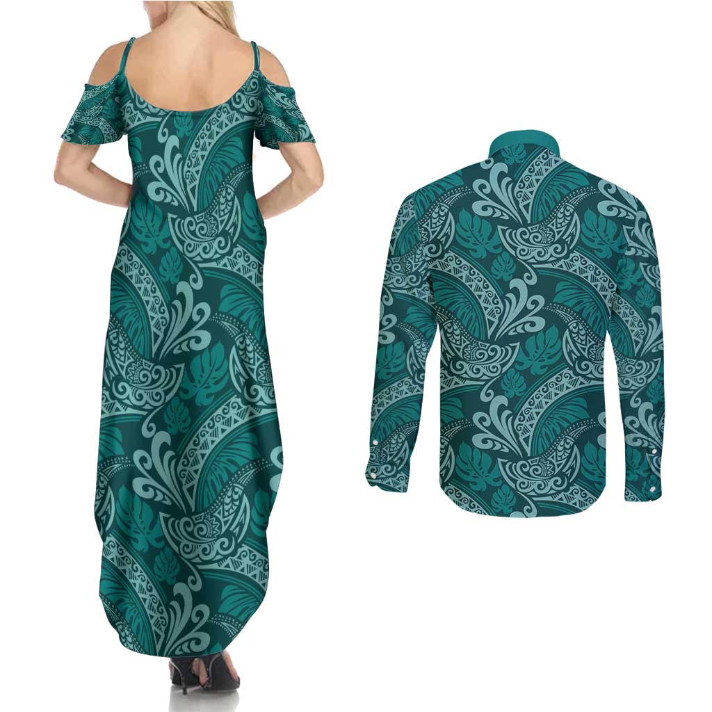 Teal Monstera Couples Matching Summer Maxi Dress and Long Sleeve Button Shirt Polynesian Tribal Pattern - Polynesian Pride