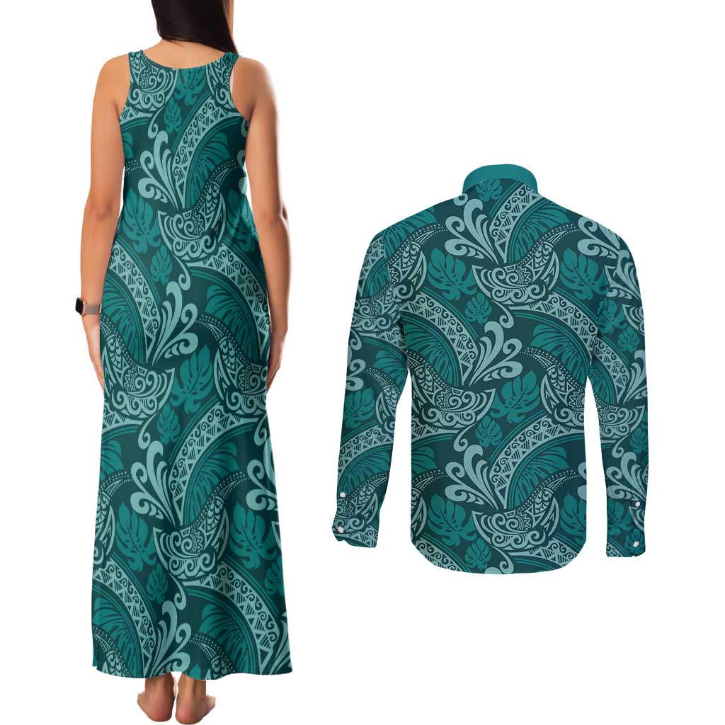 Teal Monstera Couples Matching Tank Maxi Dress and Long Sleeve Button Shirt Polynesian Tribal Pattern - Polynesian Pride