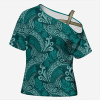 Teal Monstera Cross Shoulder Shirt Polynesian Tribal Pattern LT01 Female Teal - Polynesian Pride