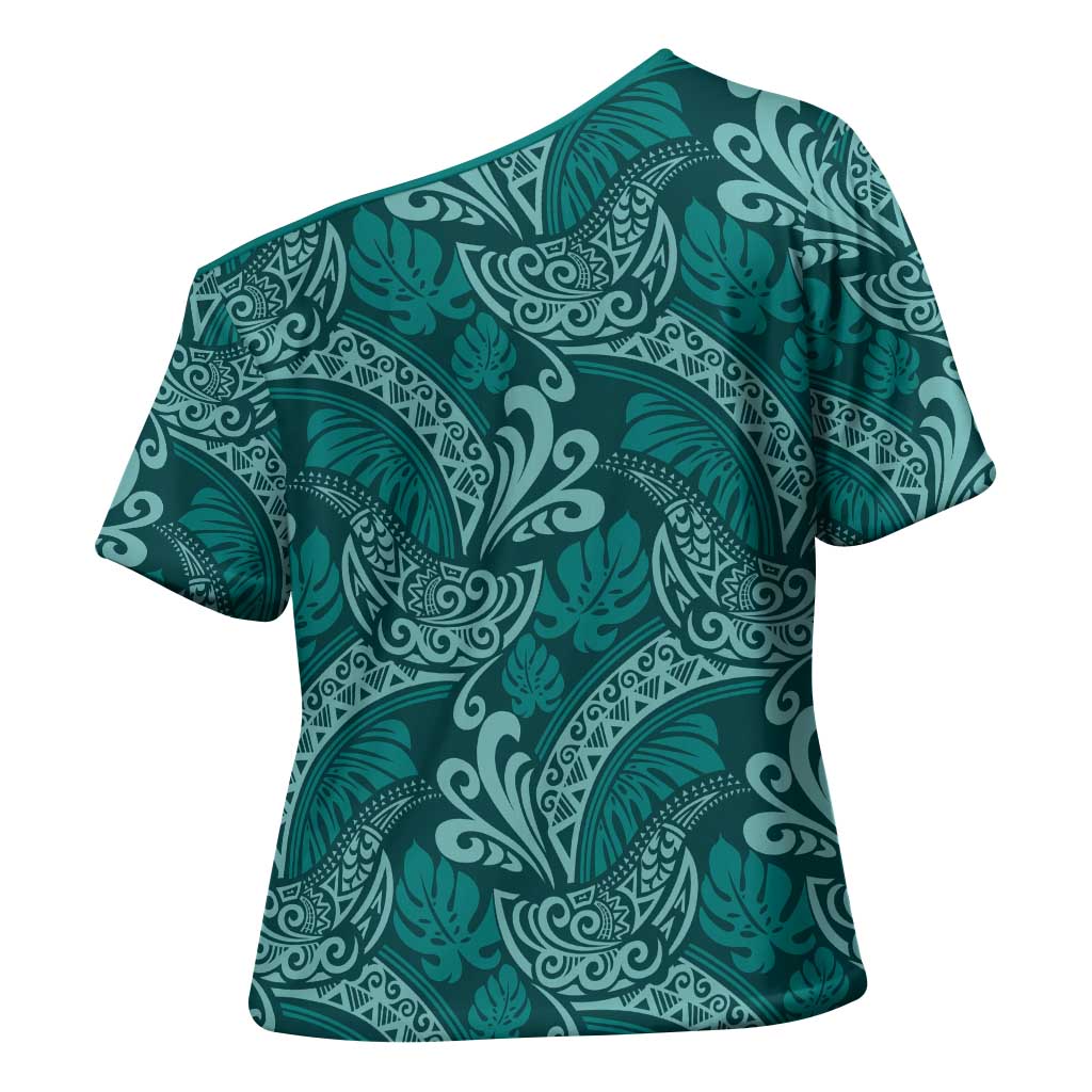Teal Monstera Cross Shoulder Shirt Polynesian Tribal Pattern LT01 - Polynesian Pride