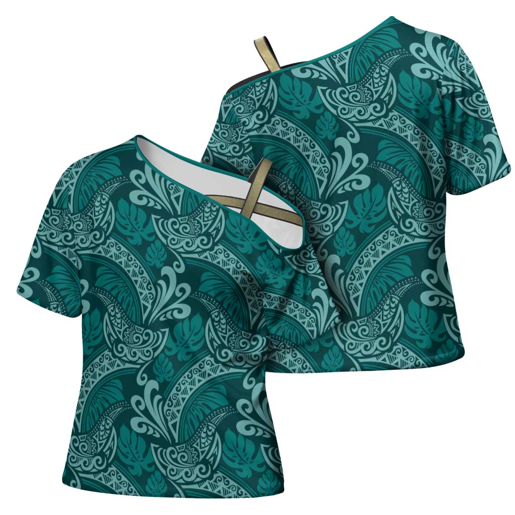 Teal Monstera Cross Shoulder Shirt Polynesian Tribal Pattern LT01 - Polynesian Pride