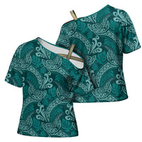 Teal Monstera Cross Shoulder Shirt Polynesian Tribal Pattern LT01 - Polynesian Pride