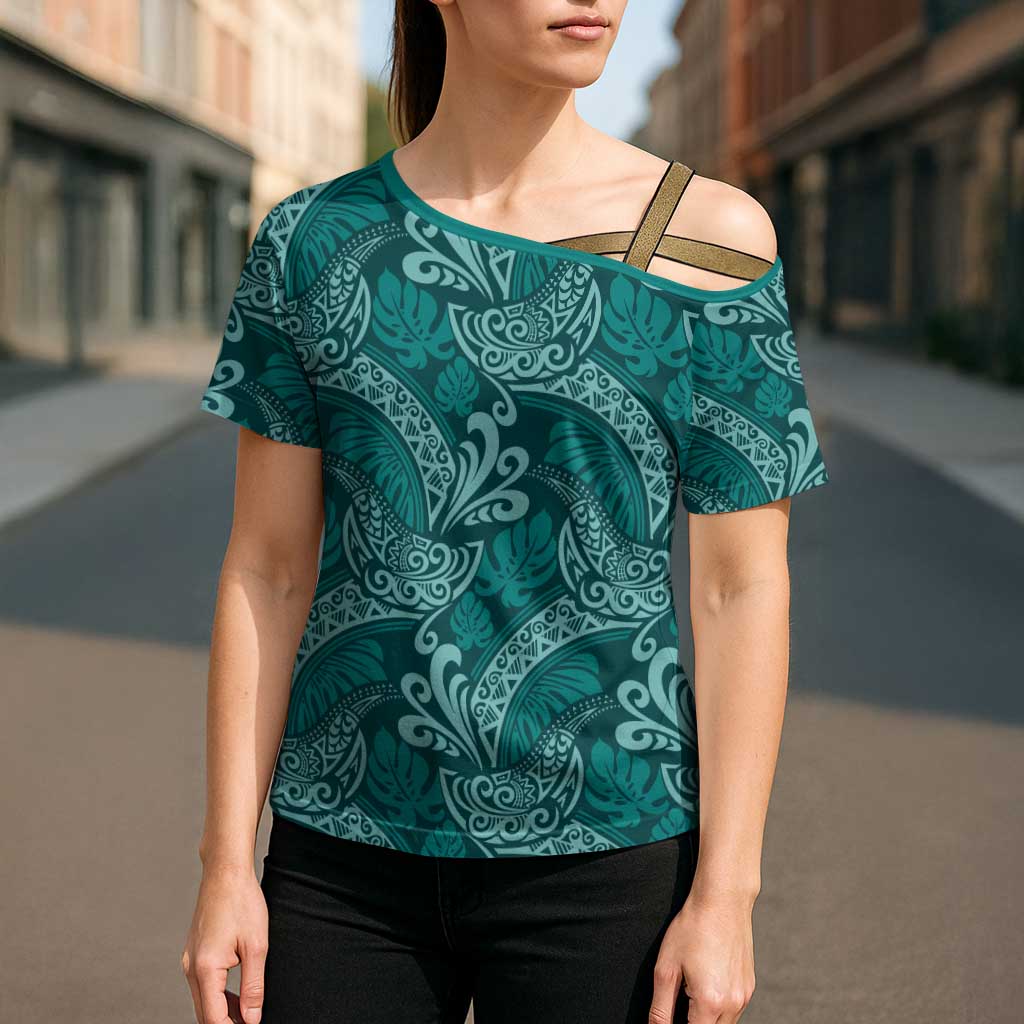 Teal Monstera Cross Shoulder Shirt Polynesian Tribal Pattern LT01 - Polynesian Pride