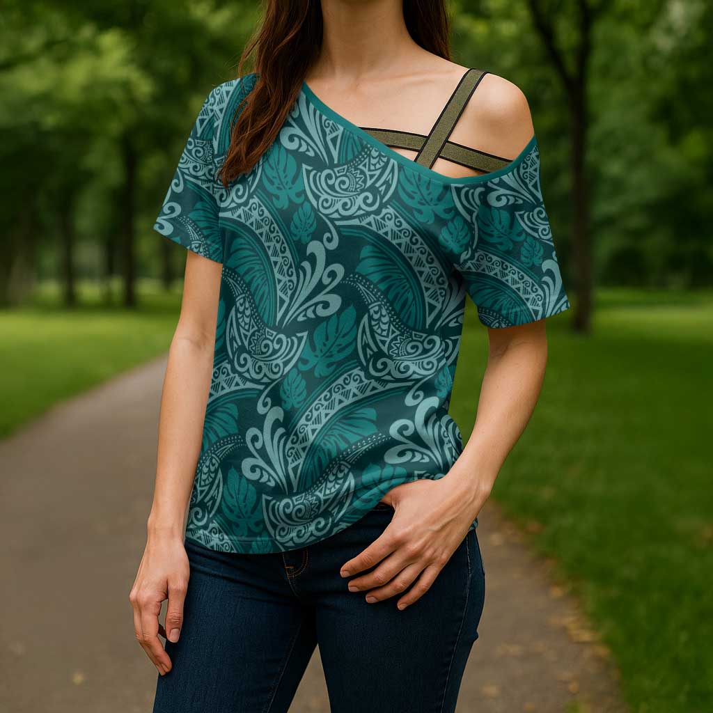 Teal Monstera Cross Shoulder Shirt Polynesian Tribal Pattern LT01 - Polynesian Pride