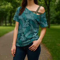 Teal Monstera Cross Shoulder Shirt Polynesian Tribal Pattern LT01 - Polynesian Pride