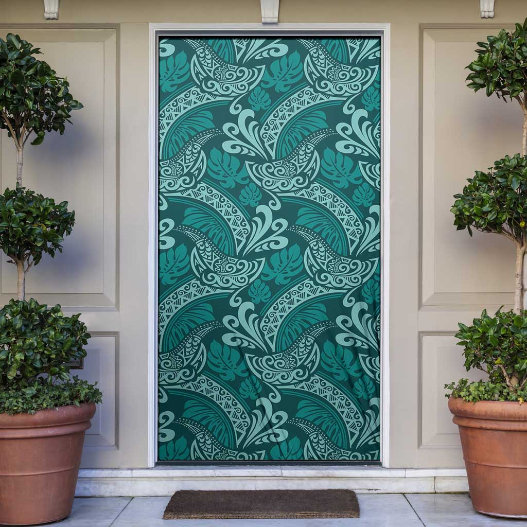 Teal Monstera Door Cover Polynesian Tribal Pattern - Polynesian Pride