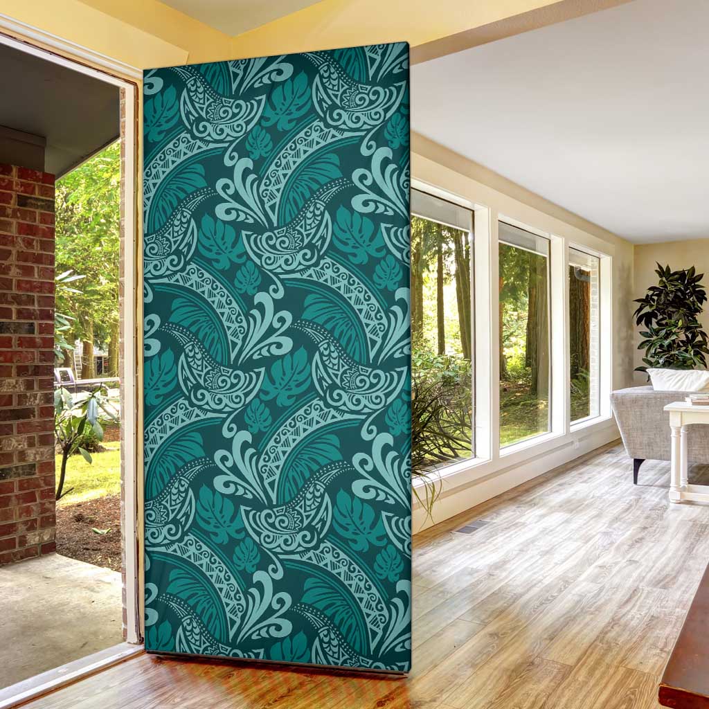 Teal Monstera Door Cover Polynesian Tribal Pattern - Polynesian Pride