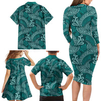Teal Monstera Family Matching Long Sleeve Bodycon Dress and Hawaiian Shirt Polynesian Tribal Pattern - Polynesian Pride