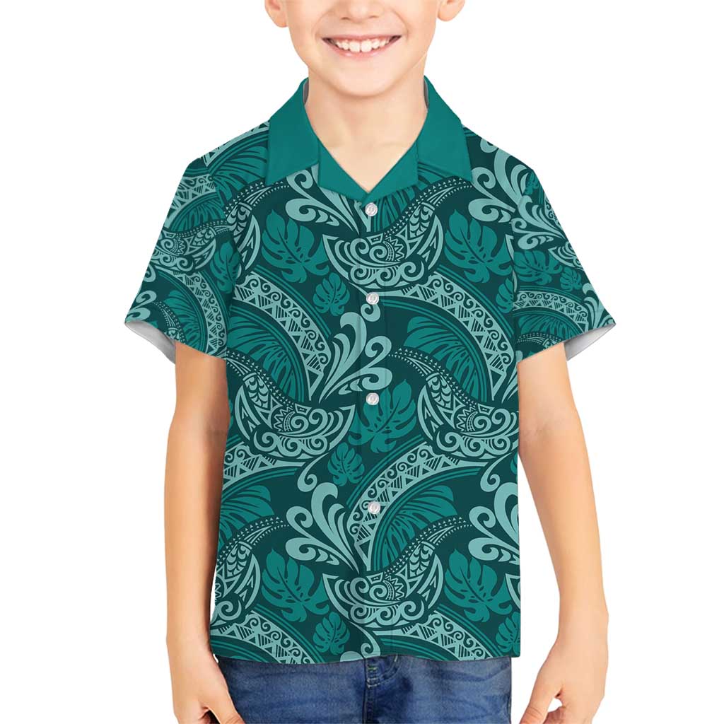 Teal Monstera Family Matching Long Sleeve Bodycon Dress and Hawaiian Shirt Polynesian Tribal Pattern - Polynesian Pride