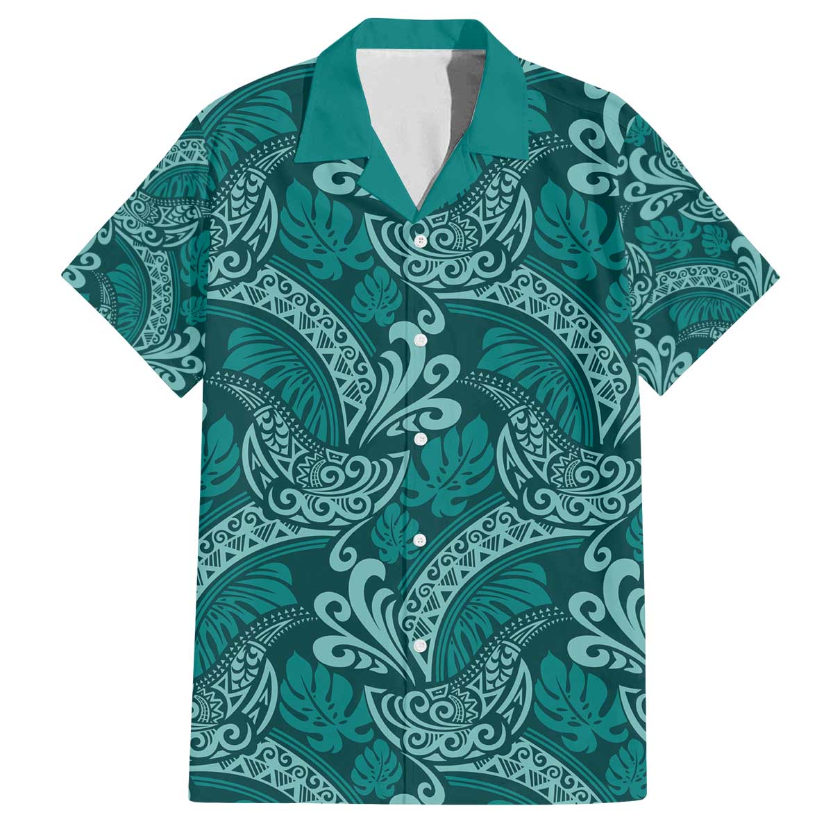 Teal Monstera Family Matching Off The Shoulder Long Sleeve Dress and Hawaiian Shirt Polynesian Tribal Pattern LT01 Dad's Shirt - Short Sleeve Teal - Polynesian Pride