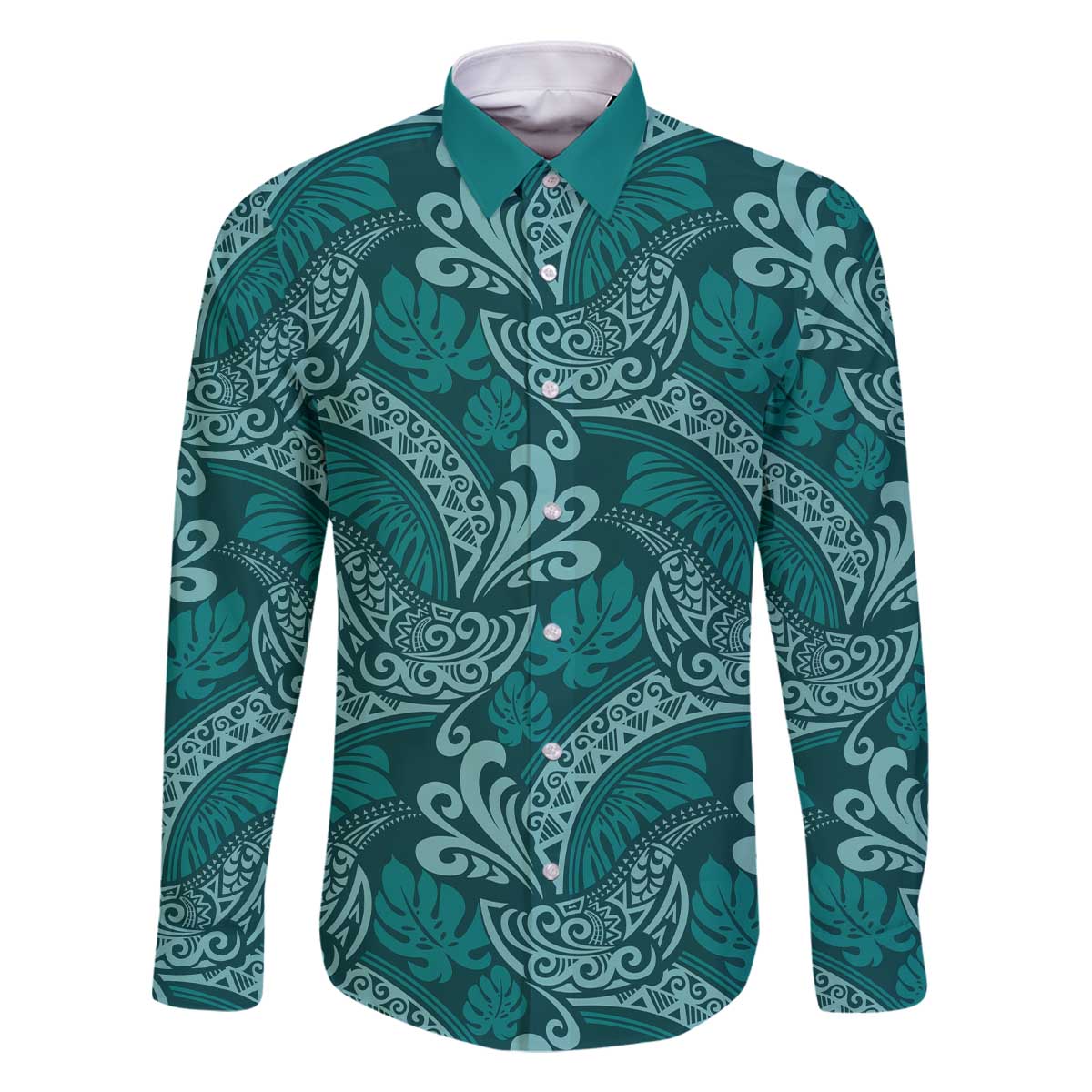 Teal Monstera Family Matching Off The Shoulder Long Sleeve Dress and Hawaiian Shirt Polynesian Tribal Pattern LT01 Dad's Shirt - Long Sleeve Teal - Polynesian Pride