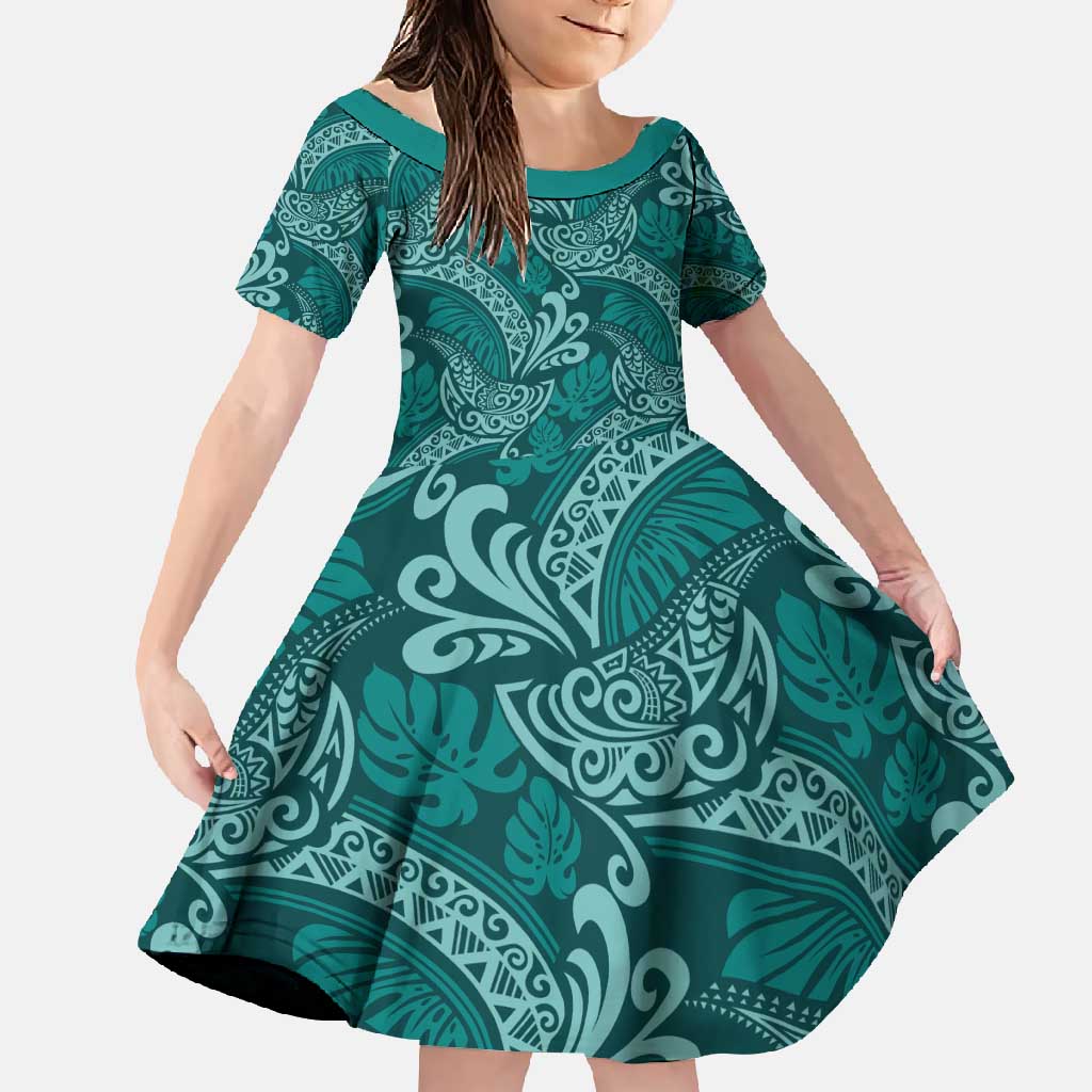 Teal Monstera Family Matching Off Shoulder Maxi Dress and Hawaiian Shirt Polynesian Tribal Pattern - Polynesian Pride