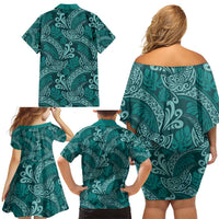 Teal Monstera Family Matching Off Shoulder Short Dress and Hawaiian Shirt Polynesian Tribal Pattern - Polynesian Pride