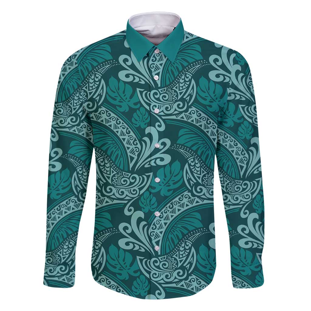 Teal Monstera Family Matching Off Shoulder Short Dress and Hawaiian Shirt Polynesian Tribal Pattern - Polynesian Pride