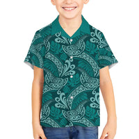 Teal Monstera Family Matching Off Shoulder Short Dress and Hawaiian Shirt Polynesian Tribal Pattern - Polynesian Pride
