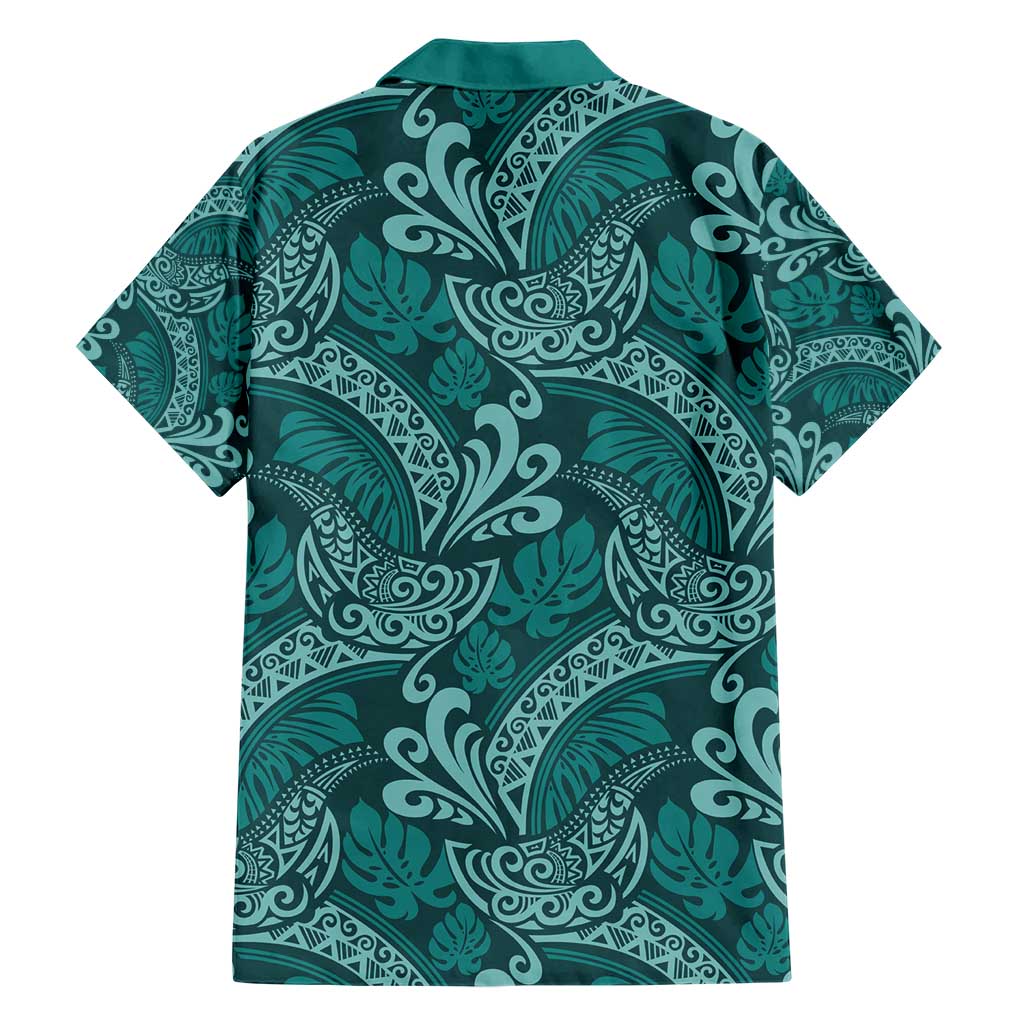 Teal Monstera Family Matching Short Sleeve Bodycon Dress and Hawaiian Shirt Polynesian Tribal Pattern - Polynesian Pride