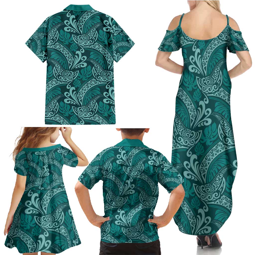 Teal Monstera Family Matching Summer Maxi Dress and Hawaiian Shirt Polynesian Tribal Pattern - Polynesian Pride